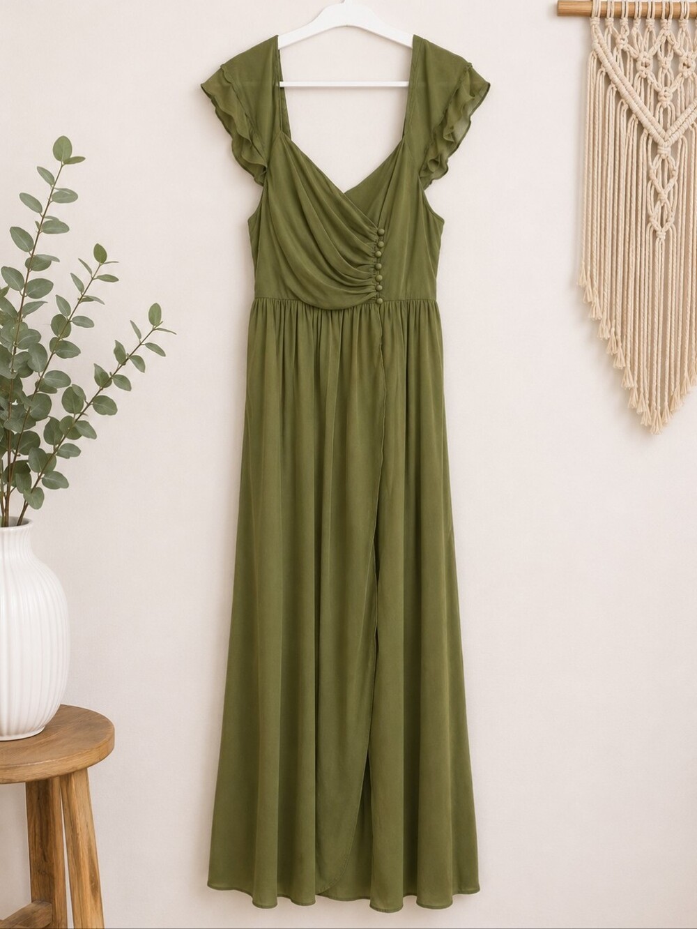 Olive Green Flutter Sleeve Maxi Dress | Button Front | Boho Cottagecore